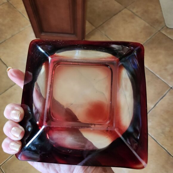 MCM Anchor Hocking Ruby & Emerald Glass Ashtray Set Nesting - Picture 5 of 13